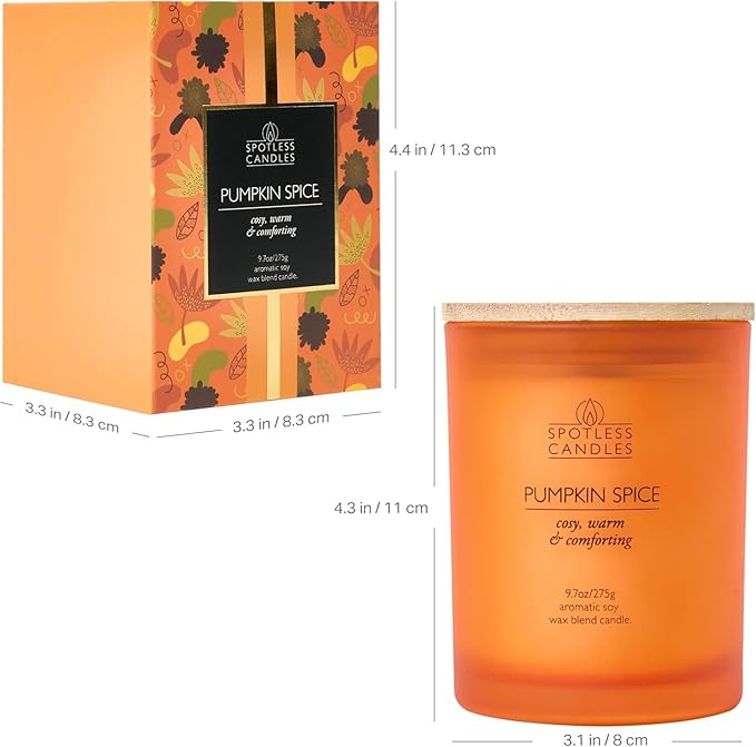 Pumpkin Spice Candle 9.7 oz: 55 Hrs Burn Time - Pumpkin Spice Scented Candles in Frosted Glass Jar with Wooden Crackling Wick in a Luxurious Gold Foil Lined Gift Box