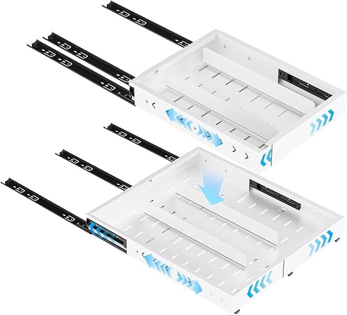 Insputer 1 Pack Pull Out Cabinet Organizer Expandable (12.4"-20.08")W & (16.26"-22.44")D, No Drill Slide Out Drawer with 3 Slide Rails, 2Pcs Magnetic Panel, Adhesive Roll Out Shelf for Kitchen, Pantry