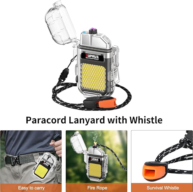 SUPRUS Waterproof 3 Modes of Flashlight Windproof Lighter Dual Arc Electric Rechargeable Dual Arc Plasma Lighter with Survival Emergency Whistle and Lanyard (Black)