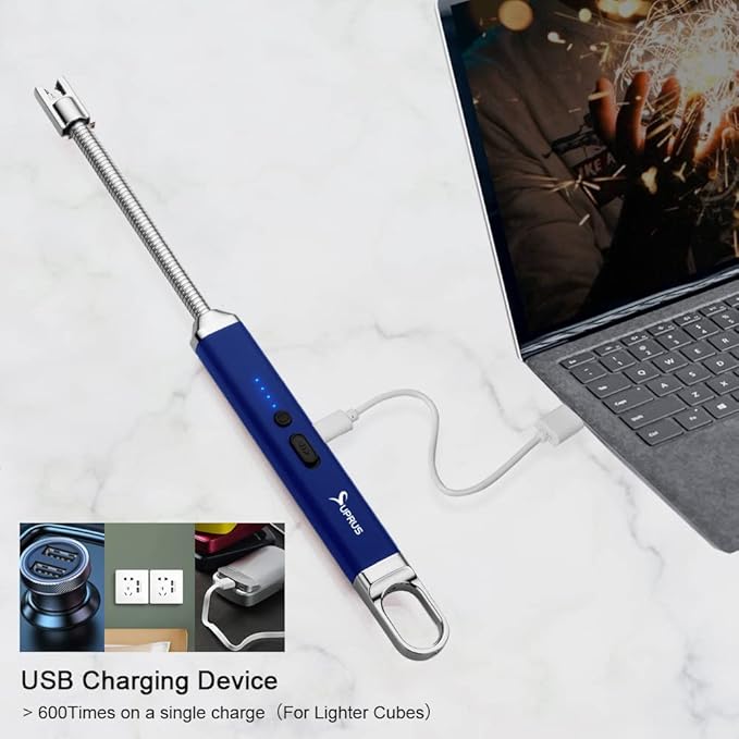 SUPRUS Lighter Rechargeable USB Lighter Arc Electric Lighetrs with Safety Switch 360° Flexible Neck Flameless Grill Long Lighters for Candle Camping Cooking (Dark Blue)