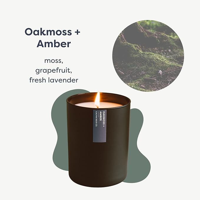 Calyan Wax Co. Oakmoss & Amber Scented Candle - 75 Hour Burn - Luxury Non Toxic Soy Wax Candles - Long Lasting Black Tumbler Jar Candle for Home - 10.2oz