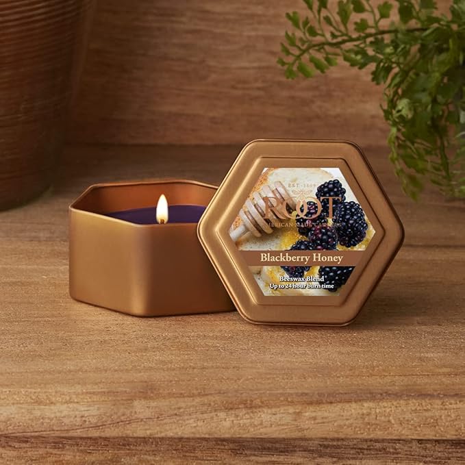 Root Candles Scented Candles in Travel Tin 24-Hour Honeycomb Traveler Handcrafted Beeswax Blend Candle, 4-Ounce, BlackBerry Honey