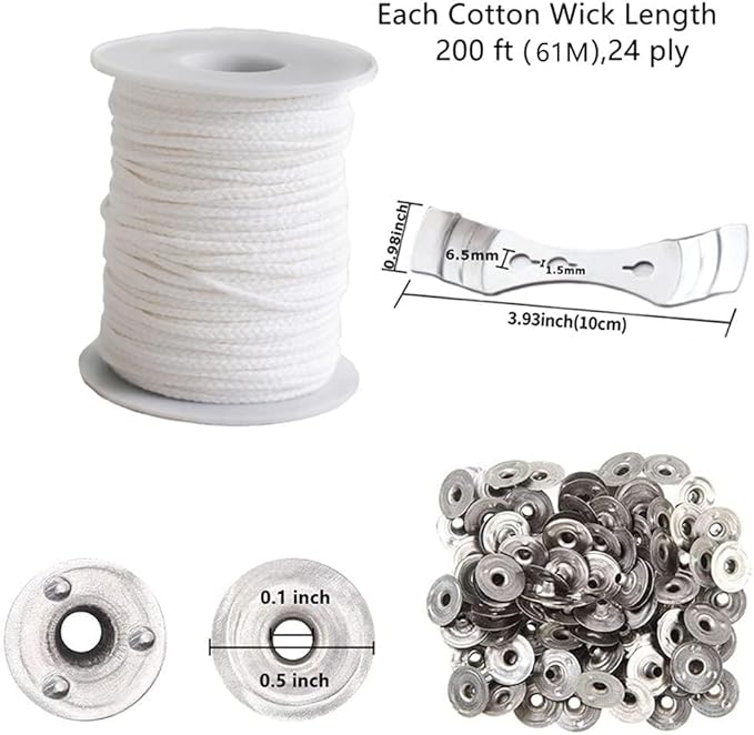 400 ft Cotton Candle Wick,24 PLY Braided Cotton Candle Making Wicks Spool + 200 Pieces Metal Sustainer Tabs + 1 Piece Centering Device Holder Set for DIY Crafts