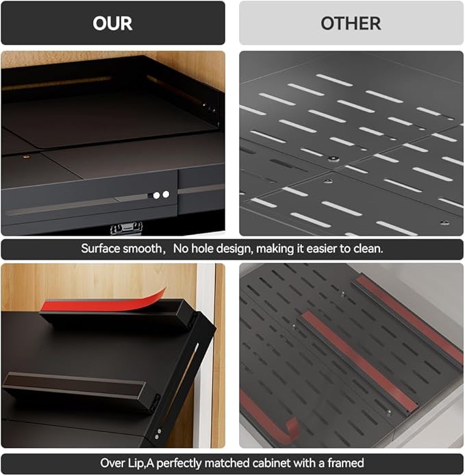 Pull Out Cabinet Organizer With Raising Pad for Framed Cabinets,Adjustable Depth(15.7"-24.4") And Width(12.8"-20.5"),Slide Out Drawers,No Drill Design,Heavy Duty Storing,Black
