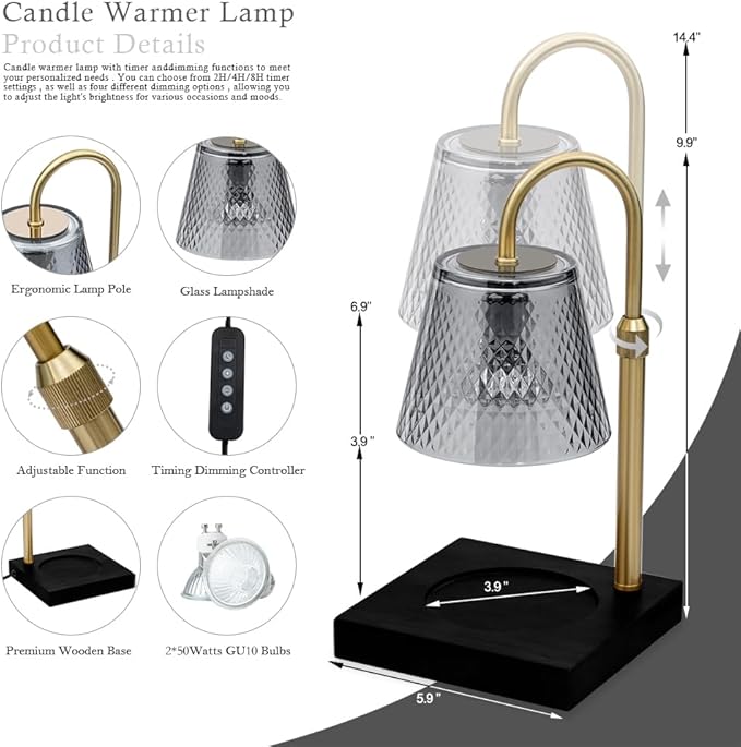 Candle Warmer Lamp with Timer (2H/4H/8H), Adjustable Height Dimmable Wax Melting Lamp for Jar Candles, Electric Candle Lamp for Home Decor, Ideal Gift for Candle Lovers (Black)