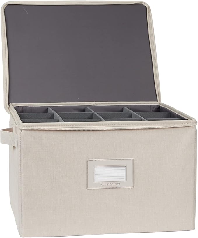 Covermates Cup and Mug Storage Box with Dividers, Stackable Organizer for Coffee Mugs & China Cups, Heavy-Duty Polyester with Handles, Zipper Closure & ID Window, Beige Heather