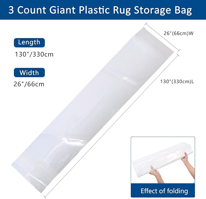 3 Count Giant Plastic Rug Storage Bag 26"W x 130"L Carpet Storage Bags Fits Rug up to 9'x12' Perfect for Indoor Outdoor Carpet Storage, Moving and Shipping