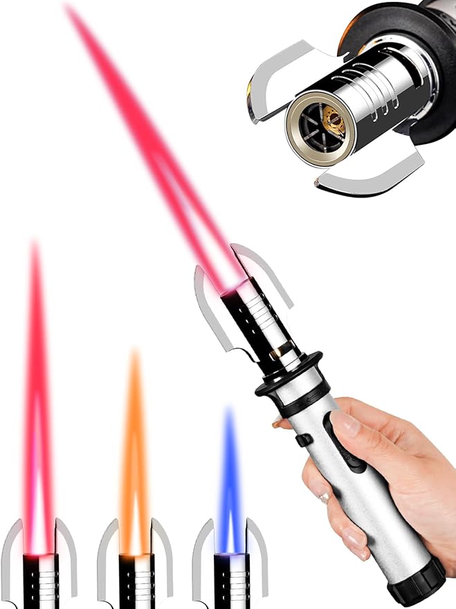 Torch Lighter, Refillable Butane Jet Flame Lighter with Adjustable Flame & Safety Lock, Windproof Gas Torch for Camping, BBQ, Fireplace, Candles, Cooking, Fireworks (Butane Not Included) (Silver)