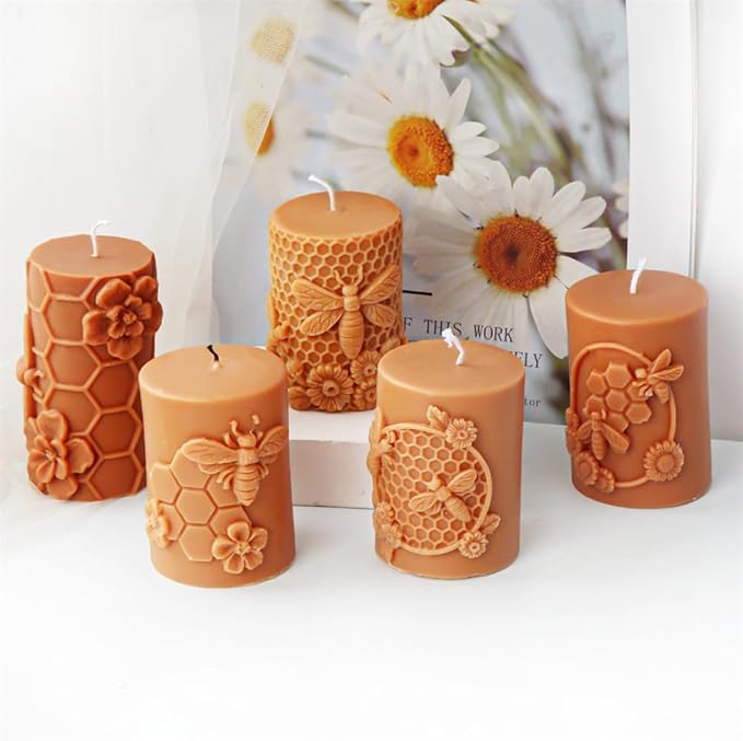 Bee Honeycomb Flower Cylinder Candle Mold, Honeybee Beehive Pillar Silicone Mold for Beeswax Candle, Soy Wax Candle, Plaster Ornament, DIY Crafts (A)