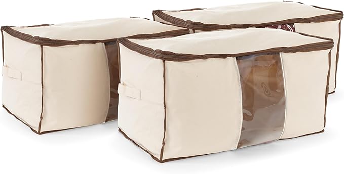 Covermates Canvas Storage Bag for Blankets, Clothes & Décor, 100% Cotton Breathable Fabric, Clear ID Window, Dual Zipper Closure, Carry Handles, Closet Organization, Natural