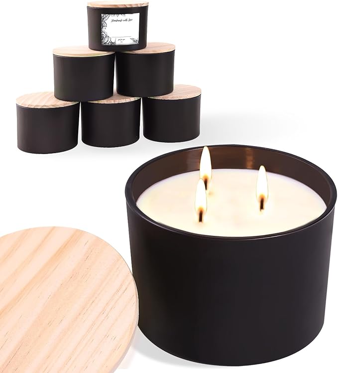 LAMORGIFT 6-Pack 16 oz Candle Jars - Frosted Black Glass with 3 Wicks, Empty Containers for Candle Making