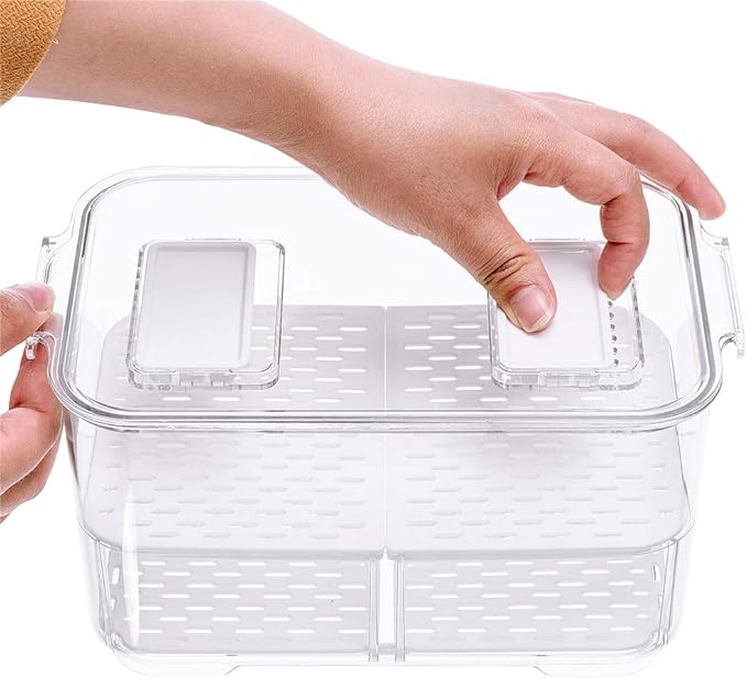 Slideep 11'' Large Food Storage Containers, Fridge Produce Saver 2 Tier Stackable Refrigerator Organizer with Lids and Removable Drain Tray Drawers Bins Baskets for Kitchen -2 Packs