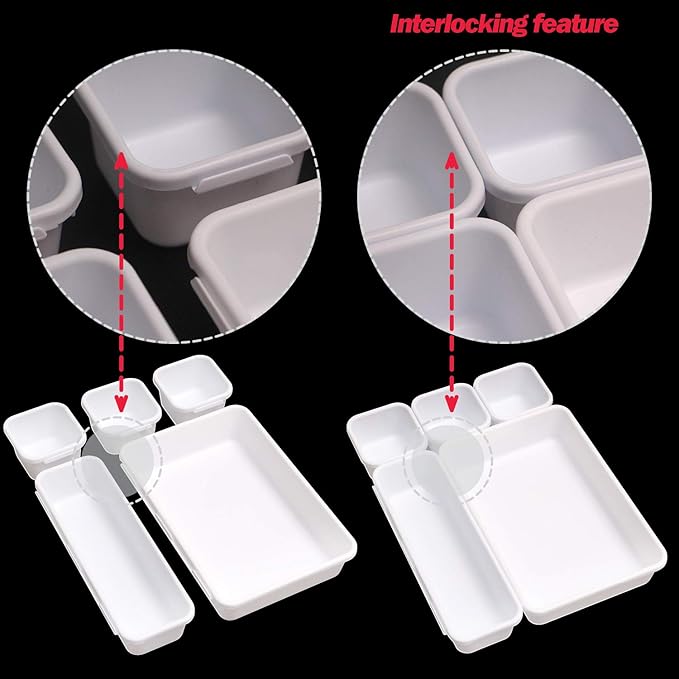 TENABORT 42 Pack Interlocking Desk Drawer Organizer Tray Dividers Plastic Shallow Narrow Drawers Organizers Separators Storage Bins Container for Kitchen Bathroom Makeup Office Vanity Dresser White