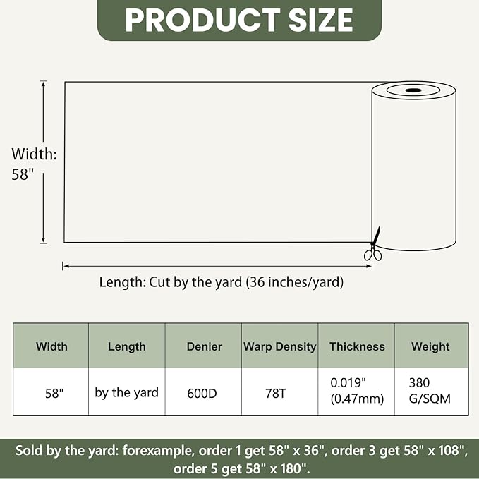 Waterproof Marine Canvas Fabric by The Yard 58" W 600D PVC Backing Water-Resistant Polyester Fabric Upholstery Material for Outdoor Indoor Marine Awning Tent Boat Furniture Cover, 5 Yards Army Green
