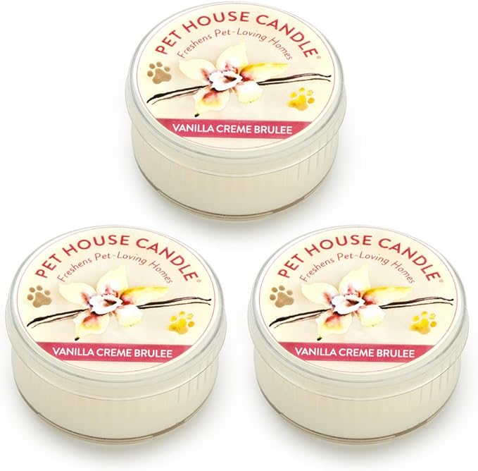 Pet House Mini Candles for Pet Odor Made with Natural Soy Wax, Plant Based, Dog and Cat Friendly Scented Candles, Vanilla Creme Brulee Pack of 3