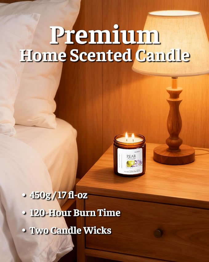 2 Wicks 17oz Large Non-Toxic Soy Wax Scented Candle, Pear & Freesia 120 Hours of Burn Time, Long Lasting Large Candle for Gift, Cost-Effective Candle for Home Fragrance, Aromatherapy