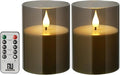 Flameless Flickering Candles, Non-breakable Battery Operated Candles, D 3" x H 6", Set of 2, Led Acrylic Grey Electric Pillars Candle with Remote and Timers for Wedding Party Romantic Decor