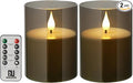 Flameless Flickering Candles, Non-breakable Battery Operated Candles, D 3" xH 4", Set of 2, Led Acrylic Grey Electric Pillars Candle with Remote and Timers for Wedding Party Romantic Decor