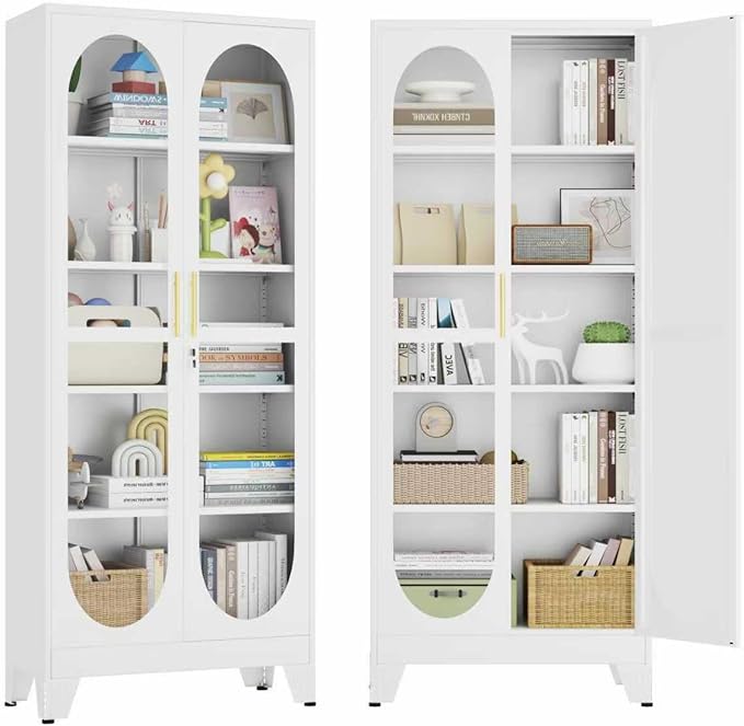 Ckzbx Metal Locker Storage Cabinet with Glass Door 71" H Locking Tool File Cabinets Snack Locker Organizer for School Classroom,Bedroom,Gym Home Office,Entryway and Hallway (White)