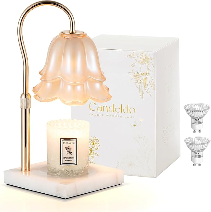 Candeldo Candle Warmer Lamp with Timer: Flower Candle Warming Lamp with Marble Base Height Adjustable Wax Warmer Dimmable Modern Kitchen Bathroom Decor Mom Birthday Gift for Grandma