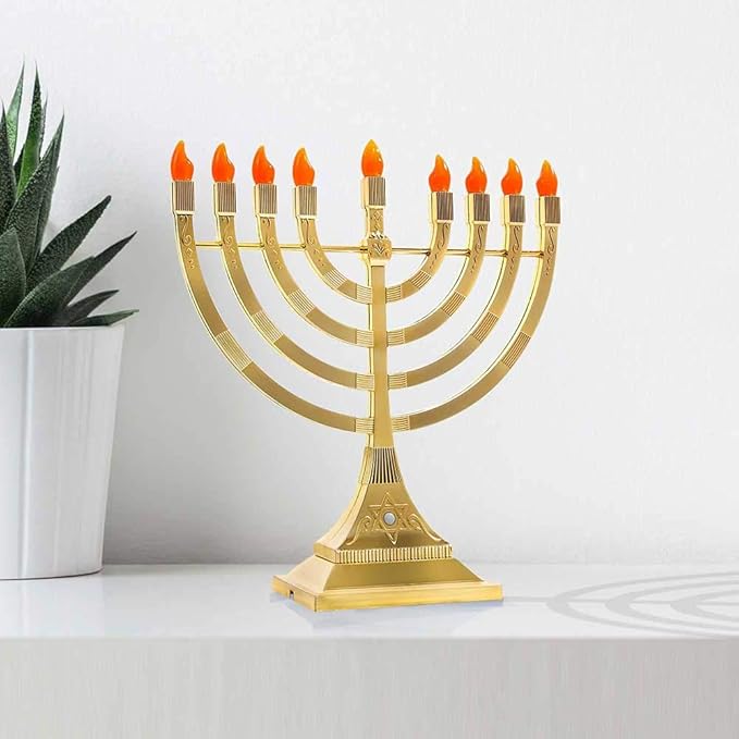 Zion Judaica Pack of 2 LED Gold Menorahs Battery or USB Powered Menoras Electronic Hanukkiah Battery Minorah Flamless Chanukah Candles Chanukkiah (Gold, 2)