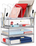 LALOBLUE Acrylic Desk Organizer with 4-Vertical File Holder Rack, 3-Clear Drawer and 2 Pen Holders, Desktop Storage for Office Desk Accessories School Classroom Organization (Clear)