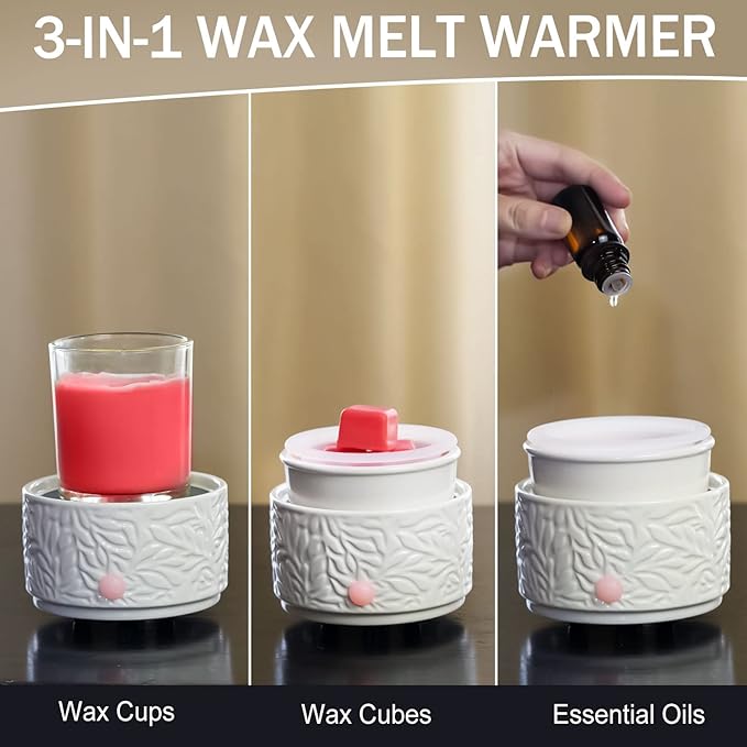 Wax Melt Warmer with Silicone Liner, Electric 3-in-1 Wax Melter, Ceramic Candle Warmer for Scented Wax, Scent Oil Burner for Home Aromatherapy, White