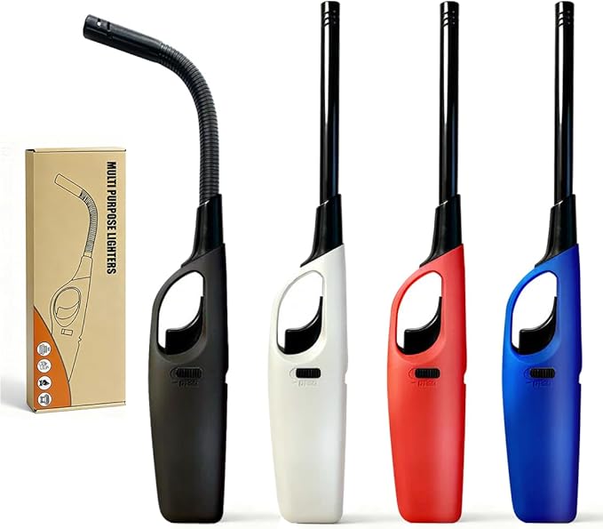 Butane Candle Lighters, 4 Pack Long Lighters for Candle, Multiple-Purpose Refillable Lighter Pack for Camping Fireplace Party BBQ Grill Candle Lighter（Fuel Included）