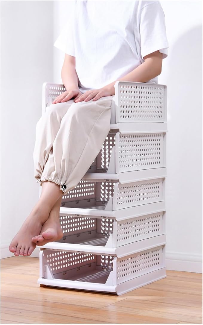 3 Pack Stackable Closet Organizer, Folding Closet Container, Plastic Storage Basket White Pull Out Shelves
