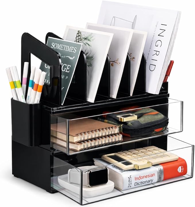 LALOBLUE Black Acrylic Desk Organizer with Drawer & File Holder, Stackable Modular Storage System, Multi-Layer Desktop Organizer, Space Saving Office Desk Organizer for Home & Work