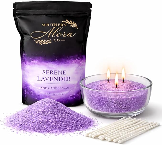 Candle Sand Wax 1 LB – Southern Alora Sand Candles with Wicks – Wax Beads with 10 Cotton Wicks – Refillable DIY Candle Kit for Wedding Centerpieces, Table Decor & Home Decor – Lavender Serenity