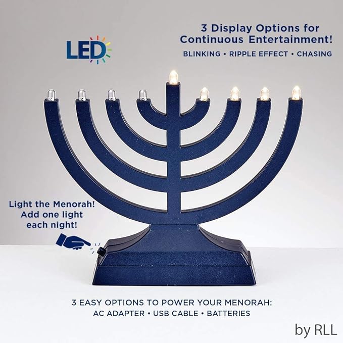 Rite Lite Go Menorah Mini Metallic Electric Menorah - LED Battery/USB Powered Chanukah Menorah Jewish Holiday - Office Car Home Decorations Judaica Hanukkah Gifts, Push Button Multi Light - Blue