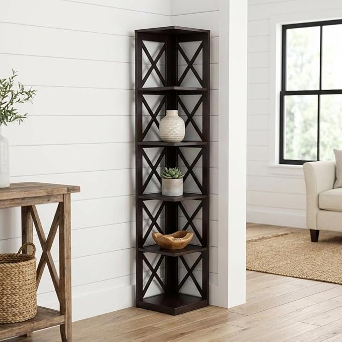 Furnifact Espresso 5-Tier Corner Bookcase with Durable Non-Lead Base Paint, Space-Saving Design for Home or Office Storage, Modern and Easy to Access