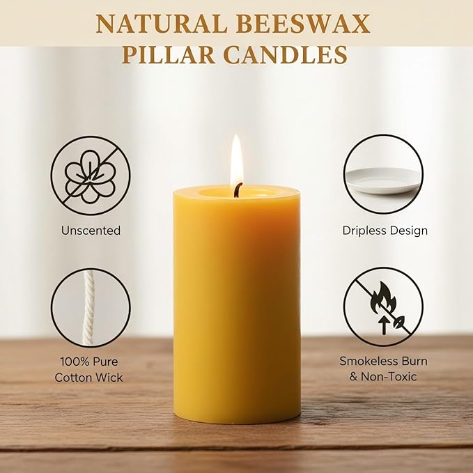 Natural Beeswax Pillar Candles 2 Packs, Non Toxic Beeswax Candles 70 Hours Long Burning, Organic Emergency Bees Wax Candles for Home, Paryer, Parties, Unscented Dripless Smokeless Candles, 2x4in