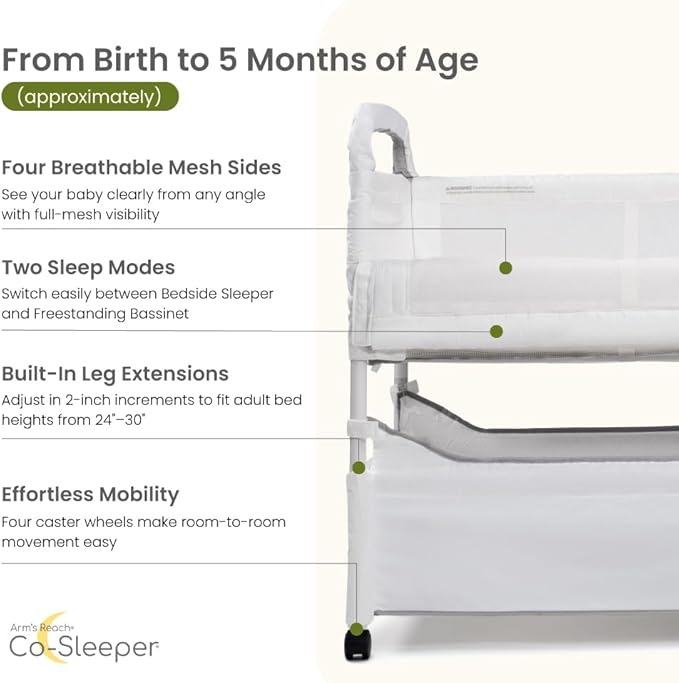 Arm’s Reach Clear-Vue Co-Sleeper Bedside Bassinet Featuring Clear Mesh Panels with Fold-Down Side, Large Attached Storage Basket, 4 Wheels, and Height-Adjustable Legs, White