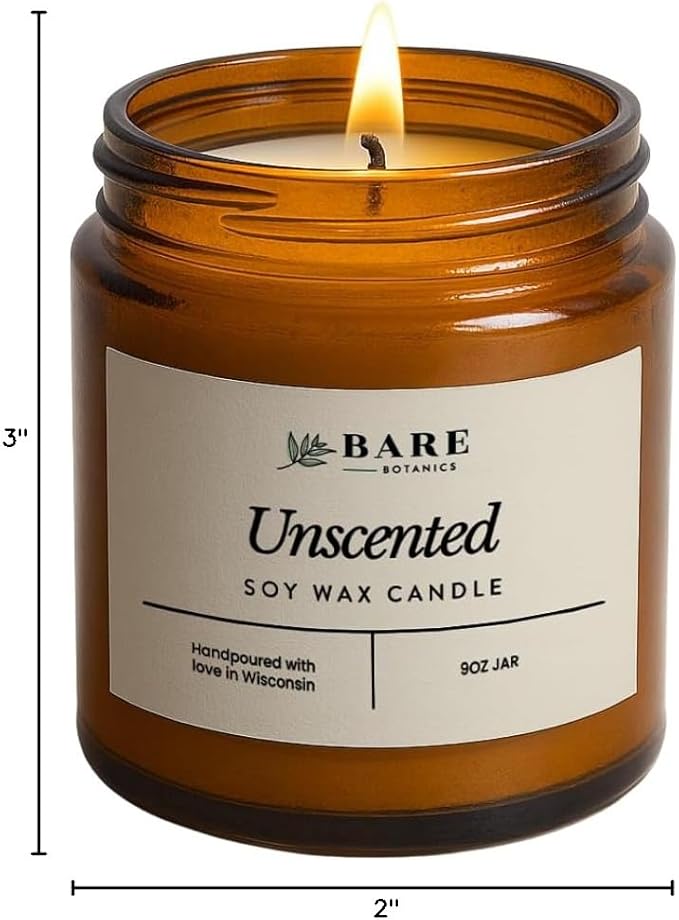 Bare Botanics Unscented 9oz Soy Candle - 100% Plant-Based Fragrance Oils - Premium, Non-Toxic Candle - Softly Scented Natural Soy Wax - Handpoured in WI - 40 Hrs Long Burning & Ready to Gift