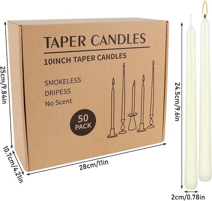 50 Pack Ivory Taper Candles 10 Inch - Classic Soft White Dinner Candles, Dripless Unscented Premium Wax with Cotton Wick, 8-Hour Burn Time for Wedding, Vintage & Formal Table Decor