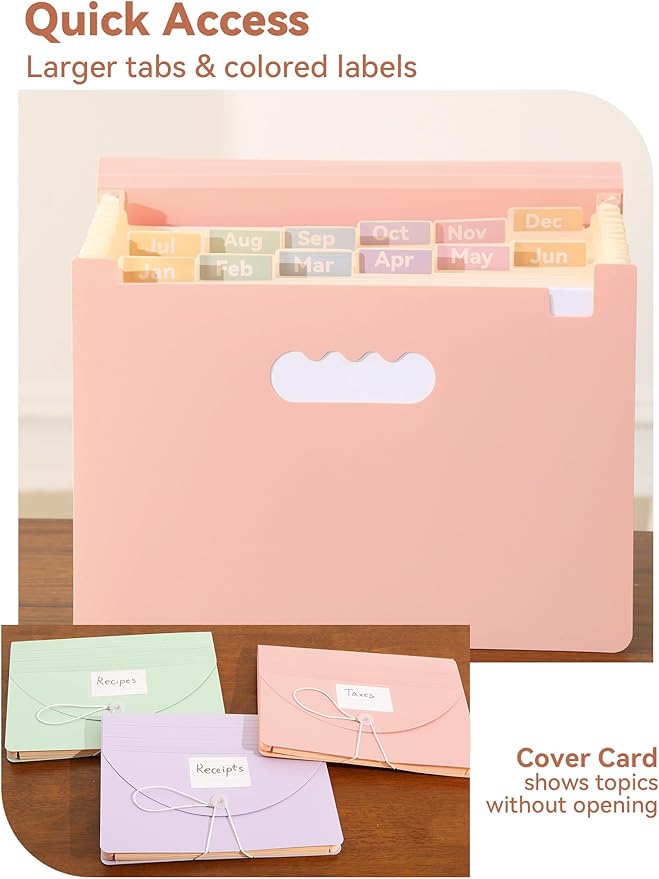 SortRax Accordion File Organizer 12 Pockets, Monthly Bill Receipt Tax Organizer, Expanding File Folders with Larger Bright Tabs, Fits Letter/A4 Size - Pink