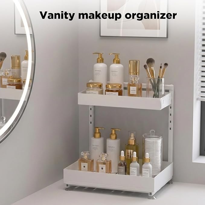 Under Sink Organizer, Bathroom Counter Organizer, 2 Pack 2 Tier L-Shape White, Adjustable Height Carbon Steel, Under Cabinet Storage with Pull Out Drawer, Use for Kitchen Bathroom Office Shop Laundry