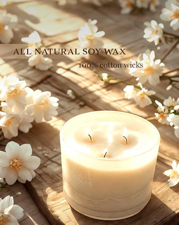 White Gardenia Scented Candles - 100% Natural Soy Wax - Large 3 Wick Jar Candle - Up to 50 Hours Burning Time - Candles for Home - Gift-Ready Candle for Men & Women - Aromatherapy