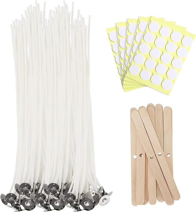 JEAWIWI 100 Pcs Cotton Candle Wicks (10 Inches) with 100 Pcs Wick Stickers and 10 Pcs Wooden Candle Wick Holders, Candle Wicks for Soy Wax, Beeswax, Coconut Wax