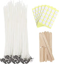 JEAWIWI 100 Pcs Cotton Candle Wicks (10 Inches) with 100 Pcs Wick Stickers and 10 Pcs Wooden Candle Wick Holders, Candle Wicks for Soy Wax, Beeswax, Coconut Wax