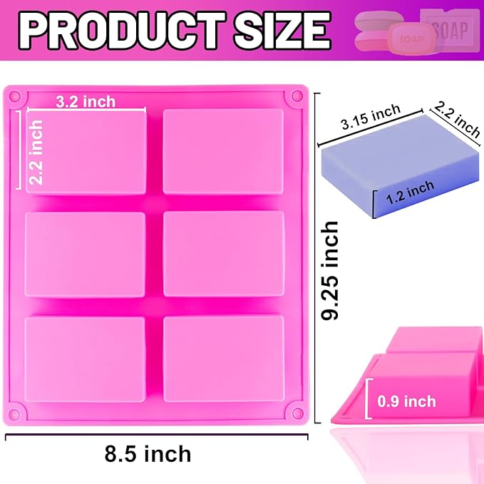 LERYKIN 2 Pack Silicone Soap Molds, 6 Cavities Rectangle Silicone Soap Molds, Great for Homemade Craft Soap Mold, Chocolate Mold, Cake Mold ＆ Ice Cube Tray - Just Pop Out（Pink）