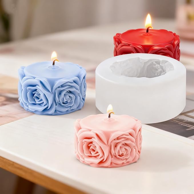 Rose Flower Column Candle Molds Flower Shape Silicone Candle Molds Cylinder Resin Casting Mold Silicone Flowers Rose Mold for Candles Making DIY Polymer Clay Craft Plaste Valentine Mother Day