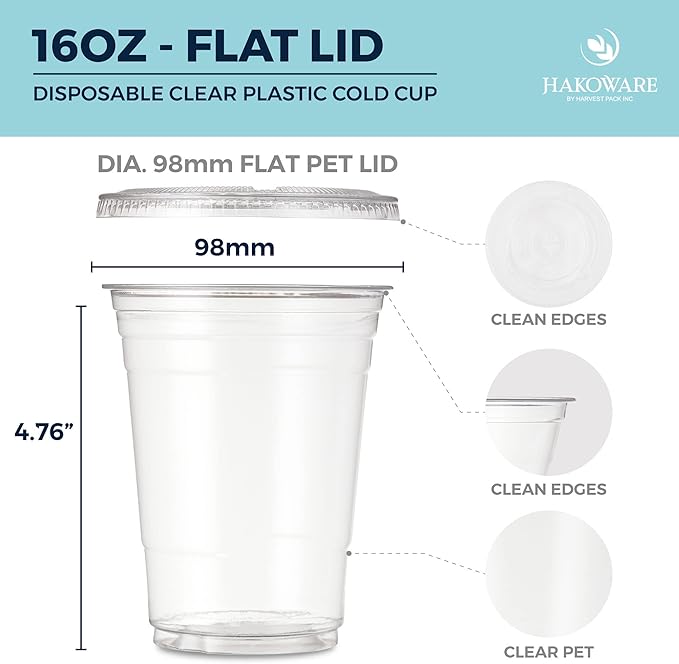 [200 SET]Harvest Pack 16 oz Iced Coffee Cup, Ultra Clear Disposable Plastic Cold Cups with Flat Lids, for Cold Drinks Iced Coffee Tea Juices Smoothies Slushy Soda Cocktails Beer