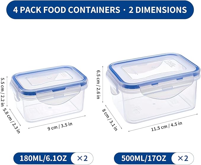 KIGI Small Food Storage Containers with Airtight Lids, Leakproof for Snack, Fruit, Lunch, Meal Prep, Portion Control, BPA-Free Plastic, 4-Sided Locking Lids (2.1 Cup *2 + 0.75 Cup *2 8-Piece Set)