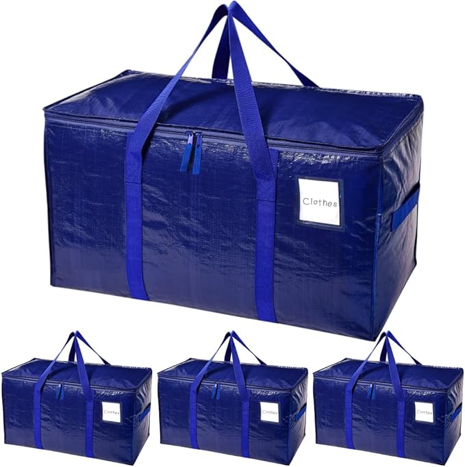 SINLAND 4 Pack Extra Large Heavy Duty Moving Bags with Strong Zippers, Reinforced Handles and Tag Pocket, Packing Totes Supplies for College Dorm Room, Packing Bags for Saving Space (Blue)