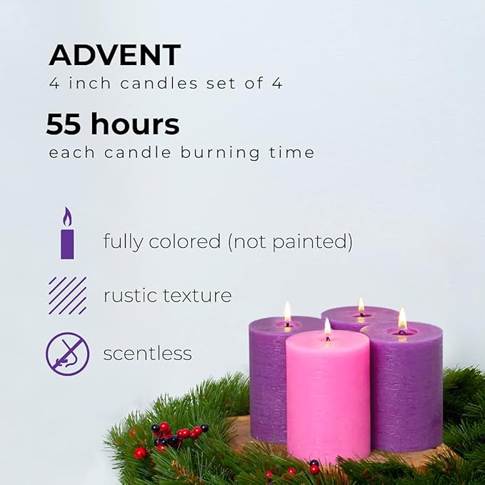 CANDWAX 3x4 Inch Advent Pillar Candles Set of 4 - Long Burning Dripless Unscented Pillar Candles - Rustic Style for Advent Wreaths, Christmas Décor - 3 Purple and 1 Pink Pillars