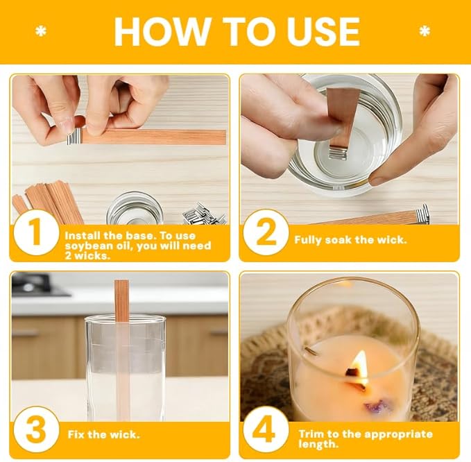 100-Pack Crackling Wooden Candle Wicks — Natural Thick & Smokeless, 0.75 x 5.12 Inch, with Metal Wick Clips and Holder Bases