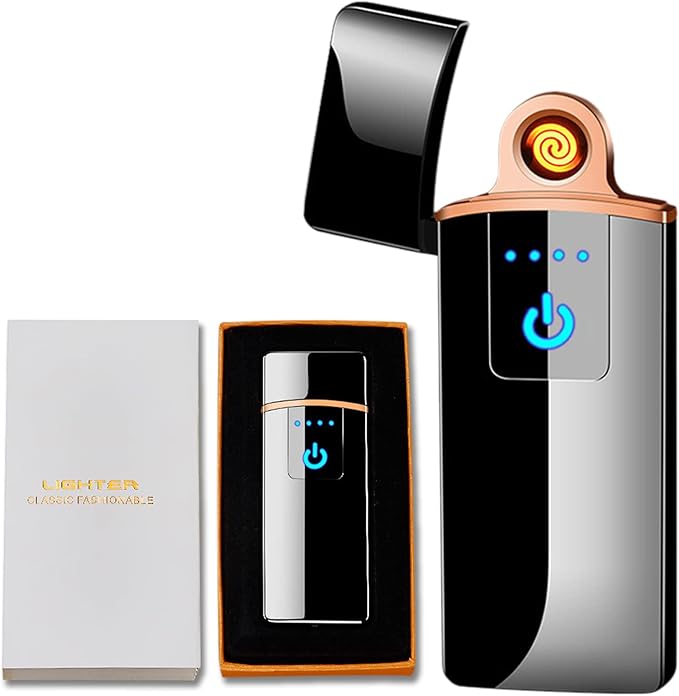 Electronic Lighter, Windproof USB Rechargeable Slim Coil Electric Lighters with Smart Fingerprint Sensor Double Side Ignition,Creative Power Indicator Flameless for Gifts(Black)